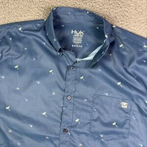 Huk Fly Hooks Teaser Shirt Mens 2XL Blue Performance Vented Fishing Short Sleeve